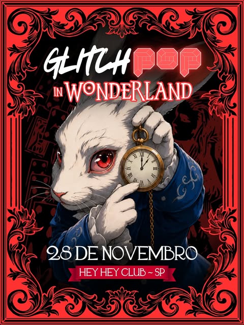 Pôster Glitch Pop in Wonderland com o Coelho Branco segurando um relógio de bolso